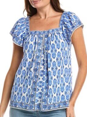 ✨Luxe Modern Aesthetic MAX STUDIO London Blue Cottage Floral Top Square Neck NEW